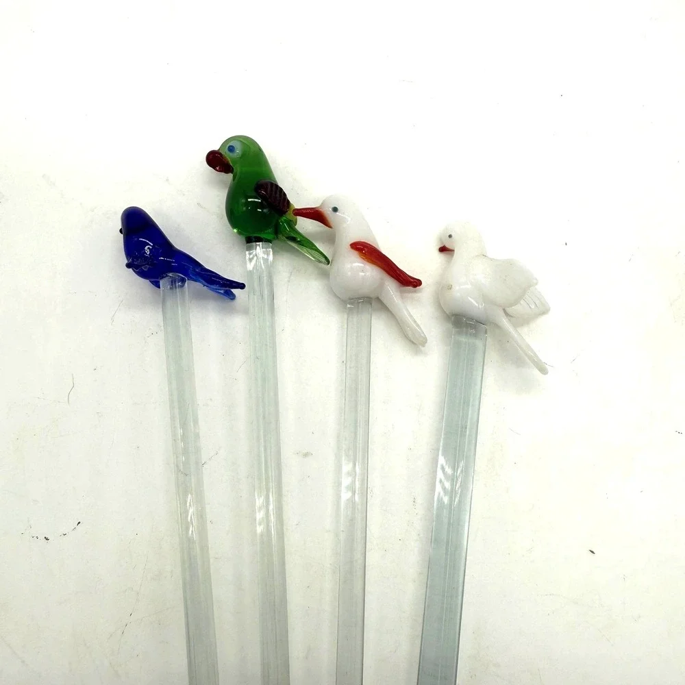 Art Glass Birds Of Britain Cocktail Glass Stirrers Set 4 Multicolor‎ Unmarked